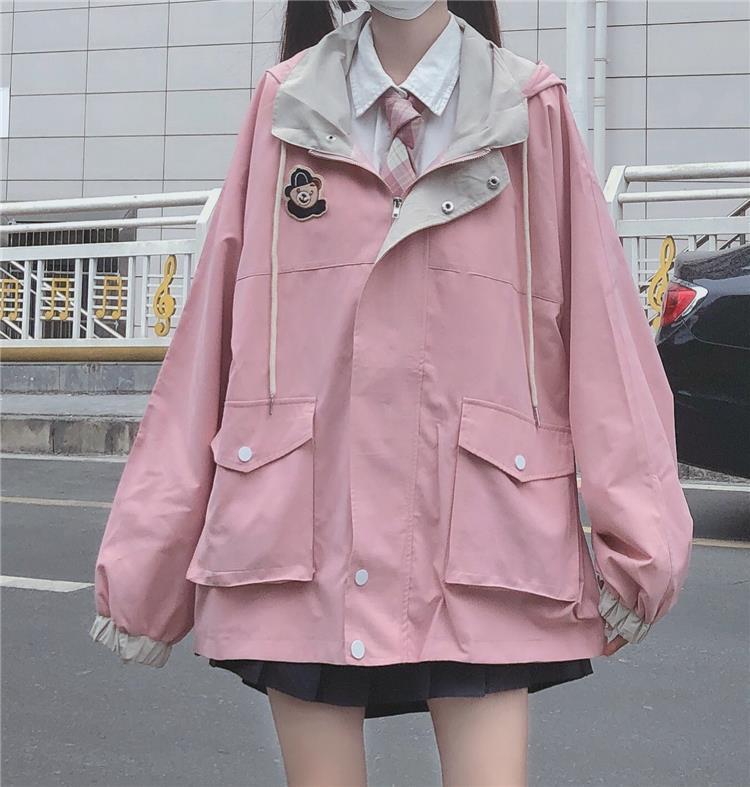 Color-Blocking Hong Kong Style Jacket Female Students Autumn And Winter New College Style Loose Hooded Overalls Jacket