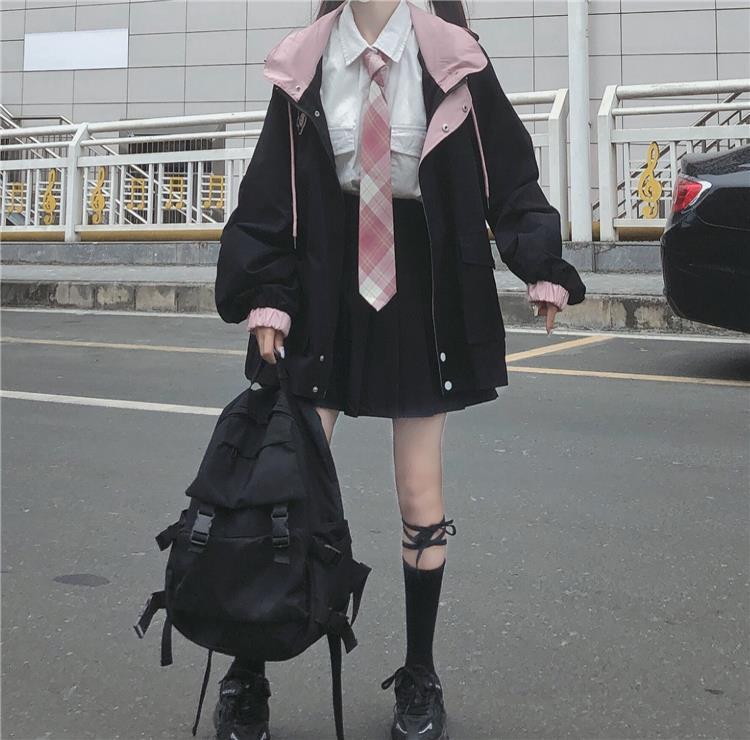 Color-Blocking Hong Kong Style Jacket Female Students Autumn And Winter New College Style Loose Hooded Overalls Jacket