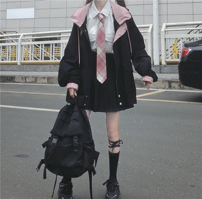 Color-Blocking Hong Kong Style Jacket Female Students Autumn And Winter New College Style Loose Hooded Overalls Jacket