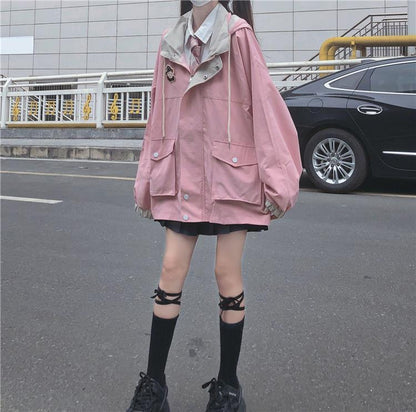 Color-Blocking Hong Kong Style Jacket Female Students Autumn And Winter New College Style Loose Hooded Overalls Jacket