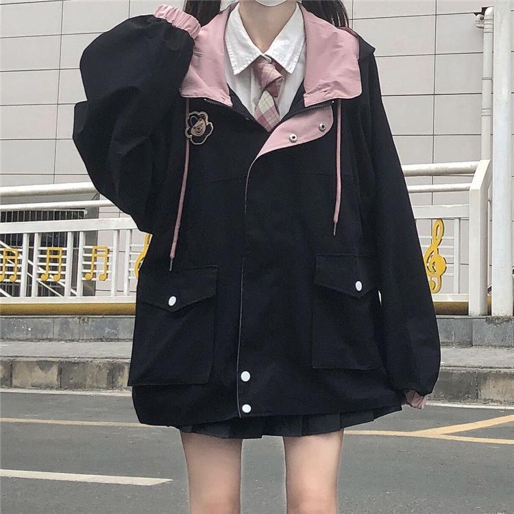 Color-Blocking Hong Kong Style Jacket Female Students Autumn And Winter New College Style Loose Hooded Overalls Jacket
