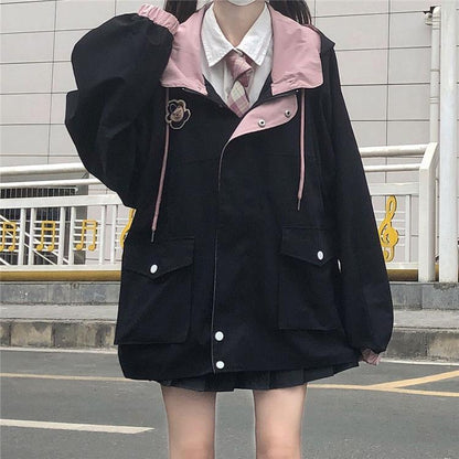 Color-Blocking Hong Kong Style Jacket Female Students Autumn And Winter New College Style Loose Hooded Overalls Jacket
