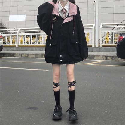 Color-Blocking Hong Kong Style Jacket Female Students Autumn And Winter New College Style Loose Hooded Overalls Jacket