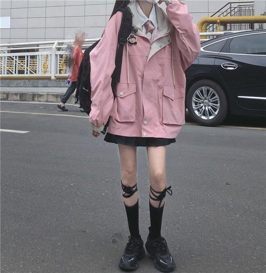 Color-Blocking Hong Kong Style Jacket Female Students Autumn And Winter New College Style Loose Hooded Overalls Jacket