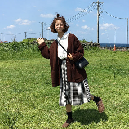 Single Breasted V-Neck Pocket Loose College Jacket