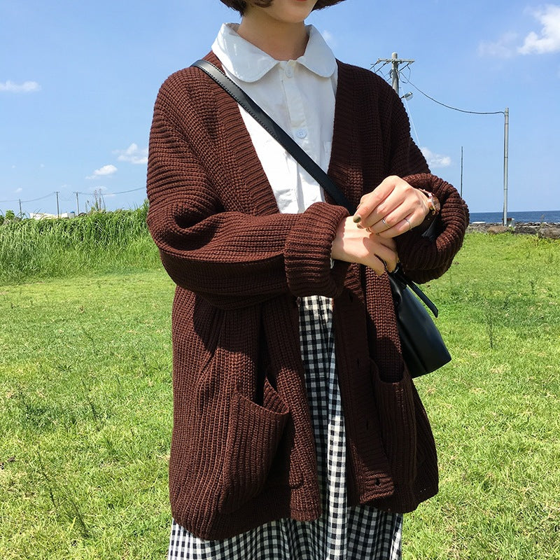 Single Breasted V-Neck Pocket Loose College Jacket