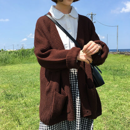 Single Breasted V-Neck Pocket Loose College Jacket