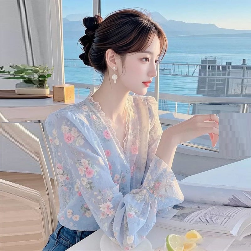 Lace Edge Floral Chiffon Shirt