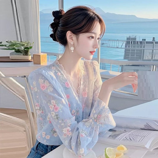 Lace Edge Floral Chiffon Shirt