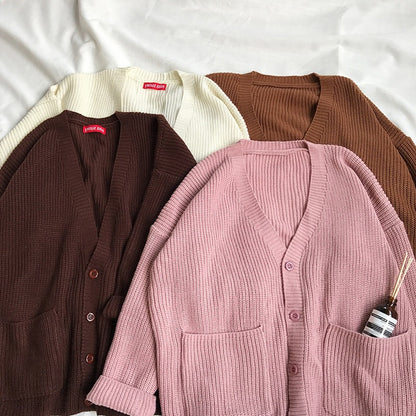 Single Breasted V-Neck Pocket Loose College Jacket