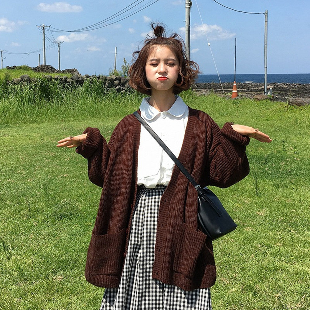 Single Breasted V-Neck Pocket Loose College Jacket