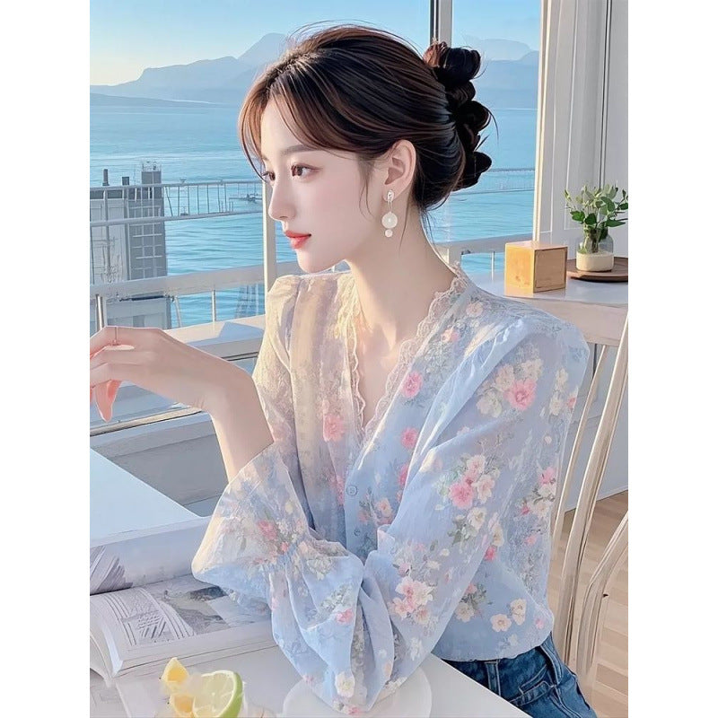 Lace Edge Floral Chiffon Shirt