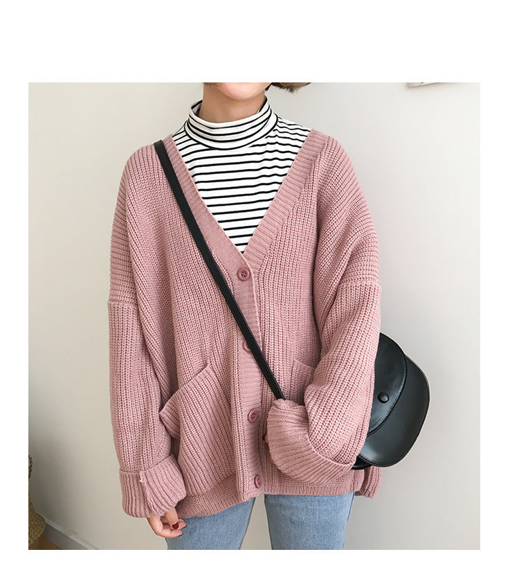 Single Breasted V-Neck Pocket Loose College Jacket