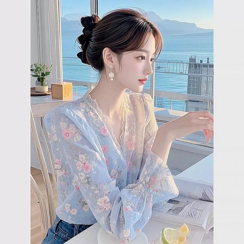 Lace Edge Floral Chiffon Shirt
