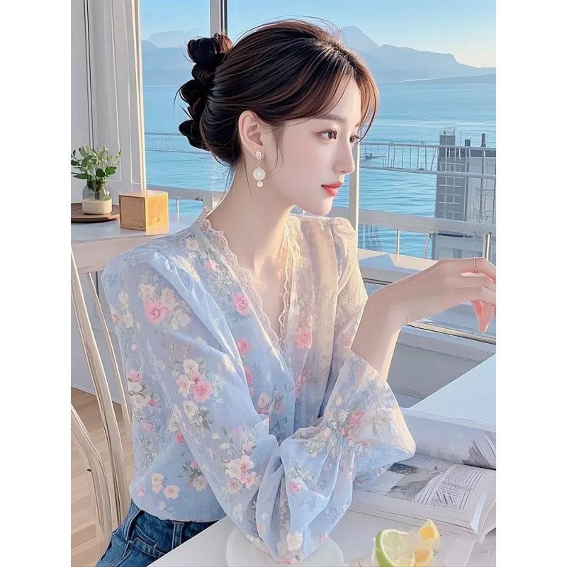 Lace Edge Floral Chiffon Shirt